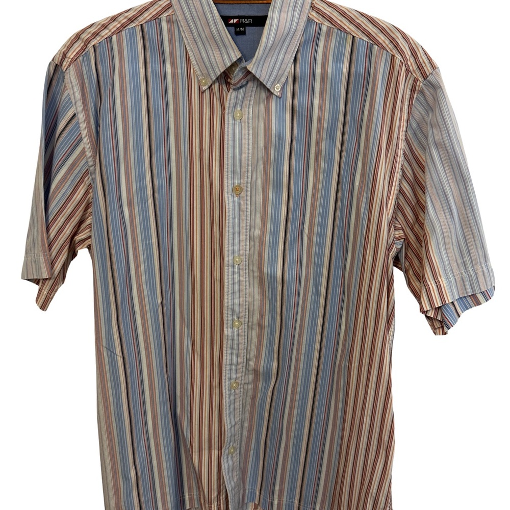 Red and Blue Casual Button Down Shirt with Vertical Stripes